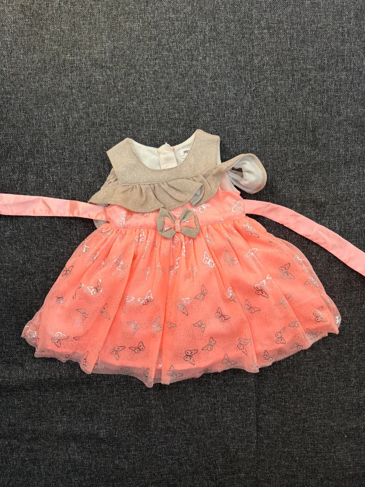 Grey & Coral Butterfly-Print Tulle Dress