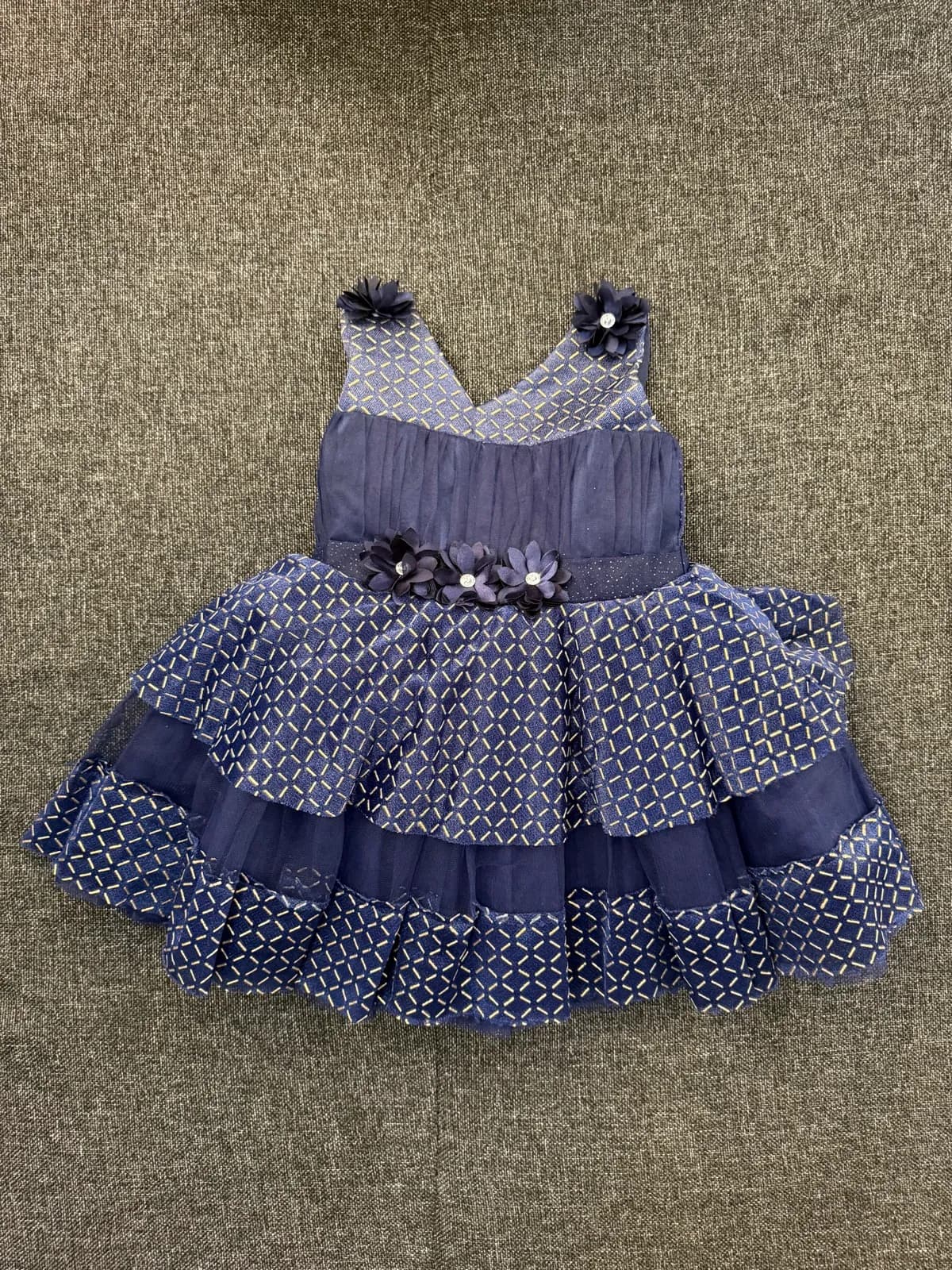 Navy Patterned Tiered Party Dress