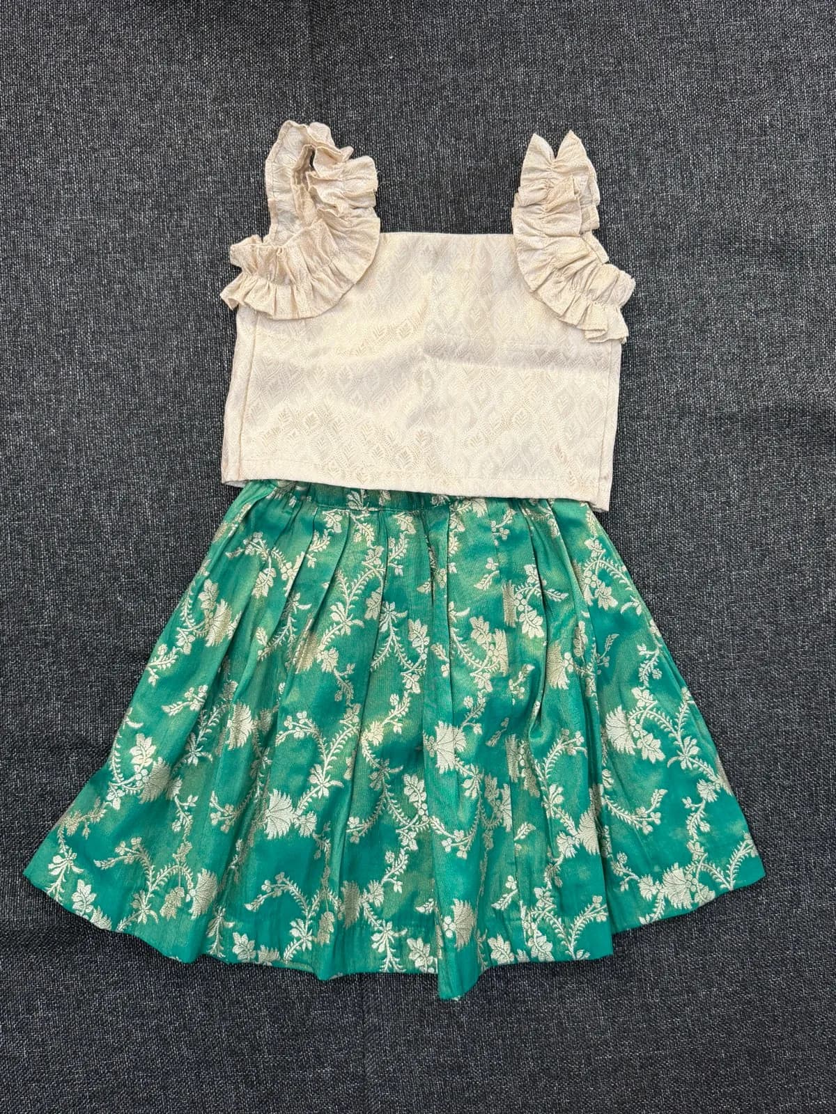 Cream Ruffle Top + Green Brocade Skirt Set