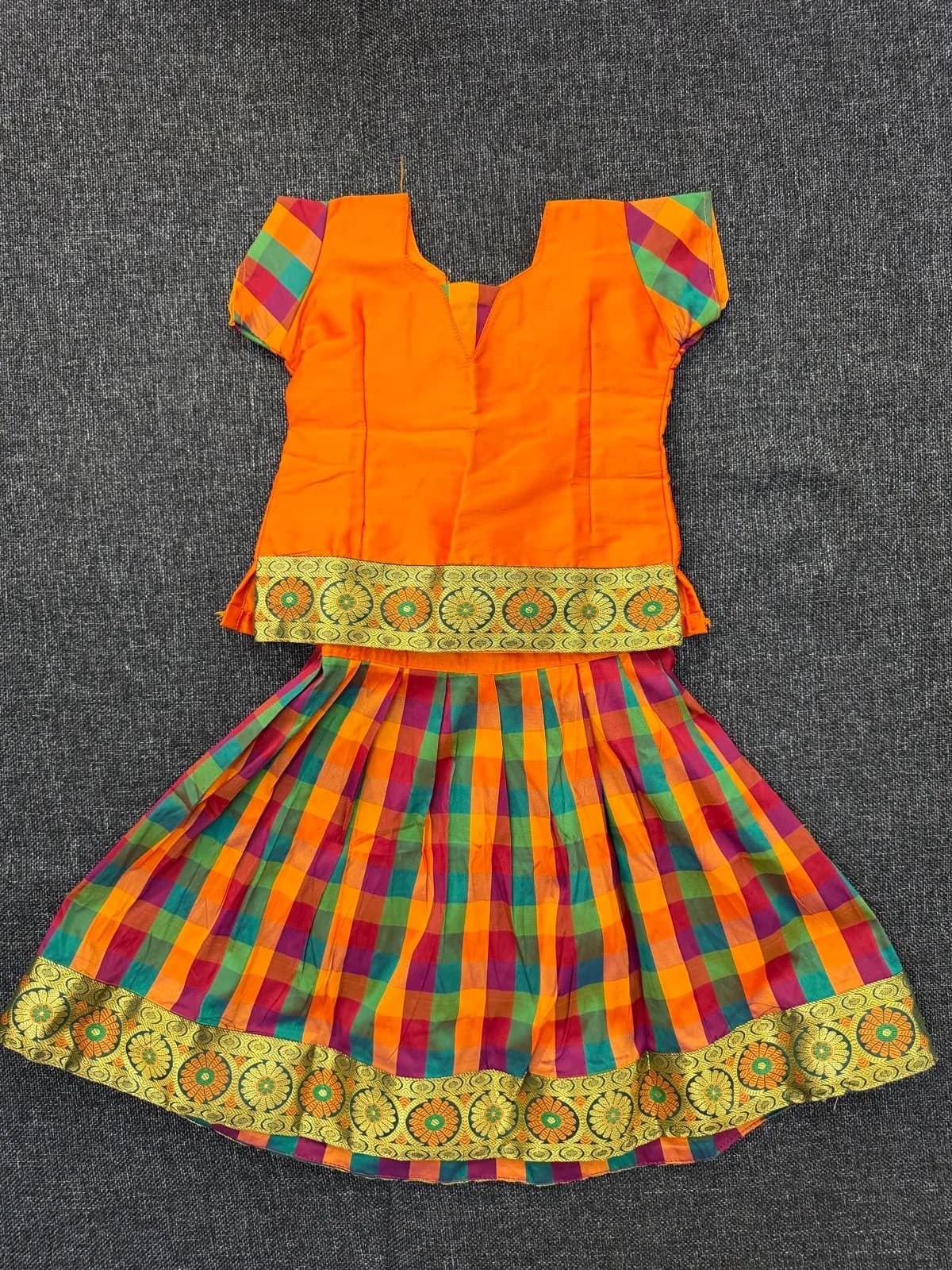 Orange Checked Pattu Langa-Voni Set