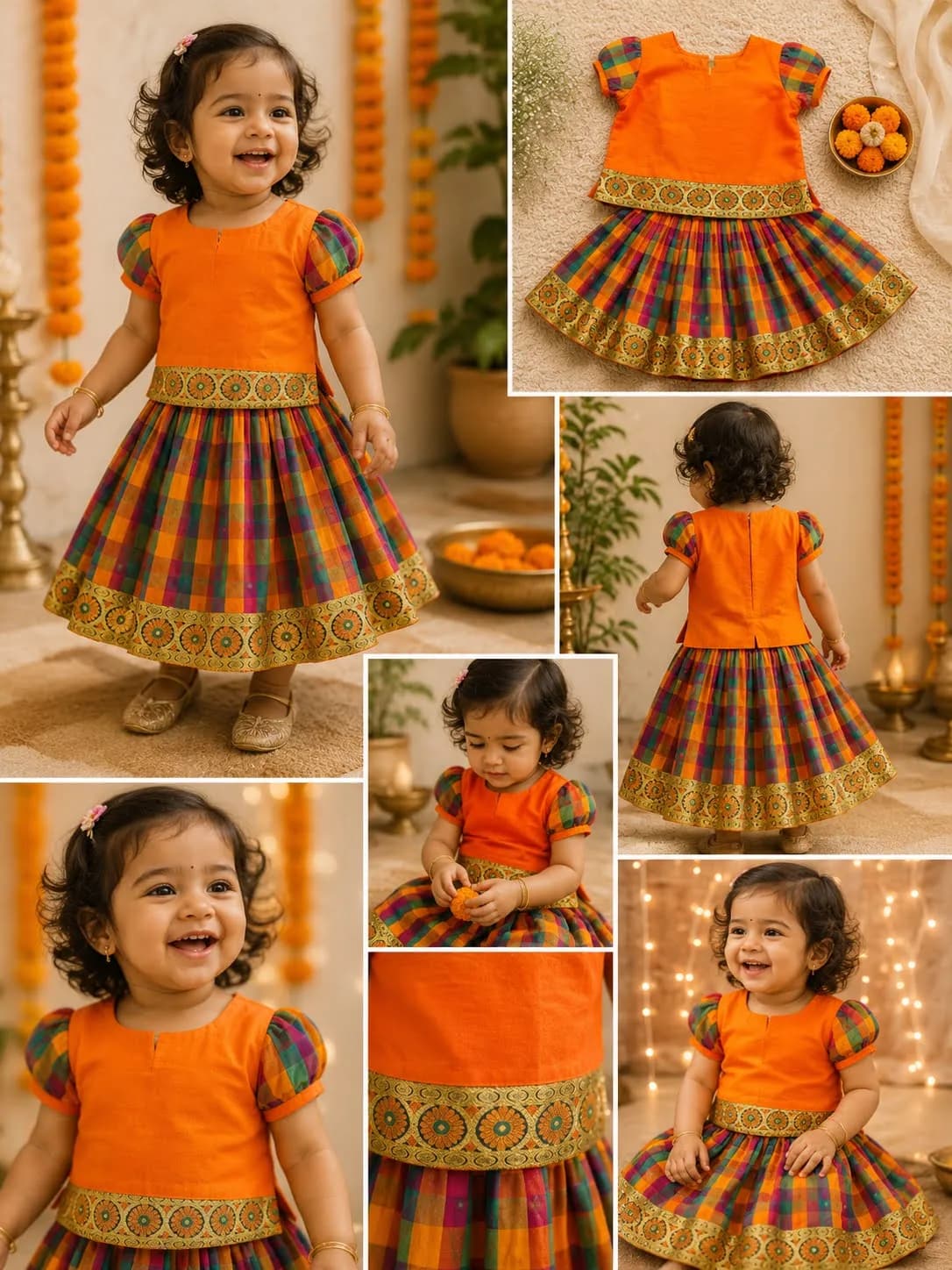 Style inspiration for Orange Checked Pattu Langa-Voni Set