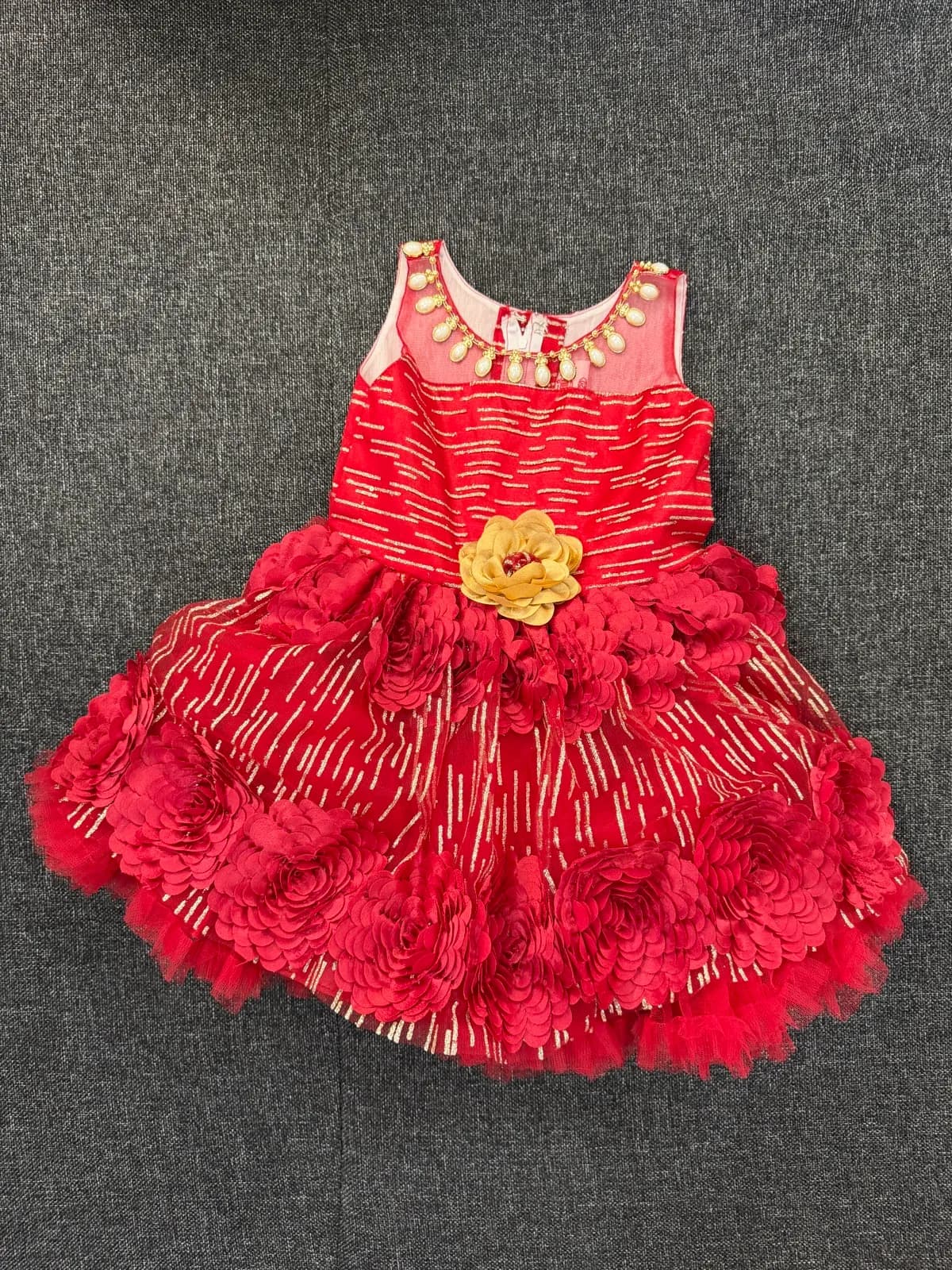 Red Tulle Dress with Gold Flower
