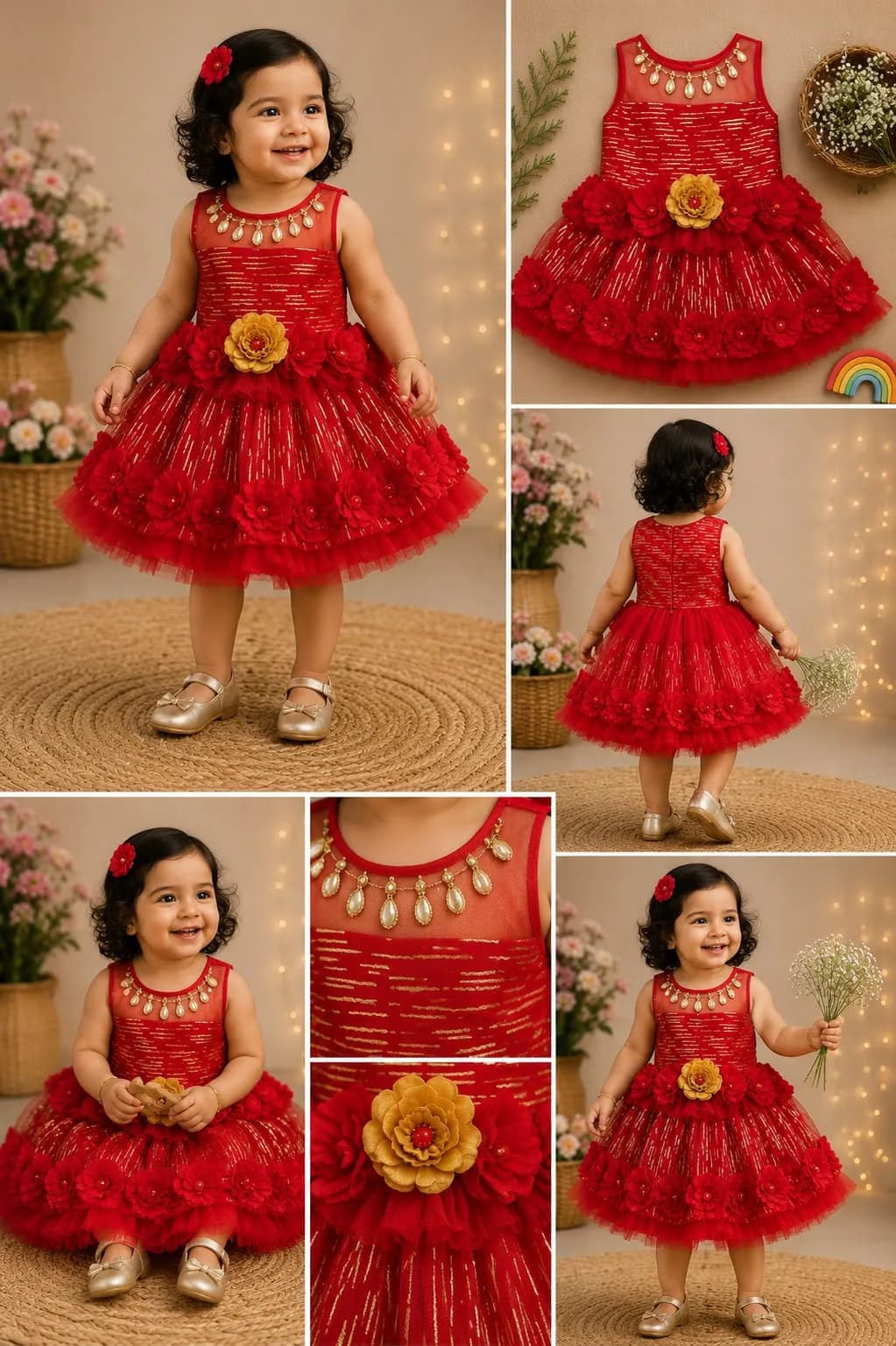 Style inspiration for Red Tulle Dress with Gold Flower