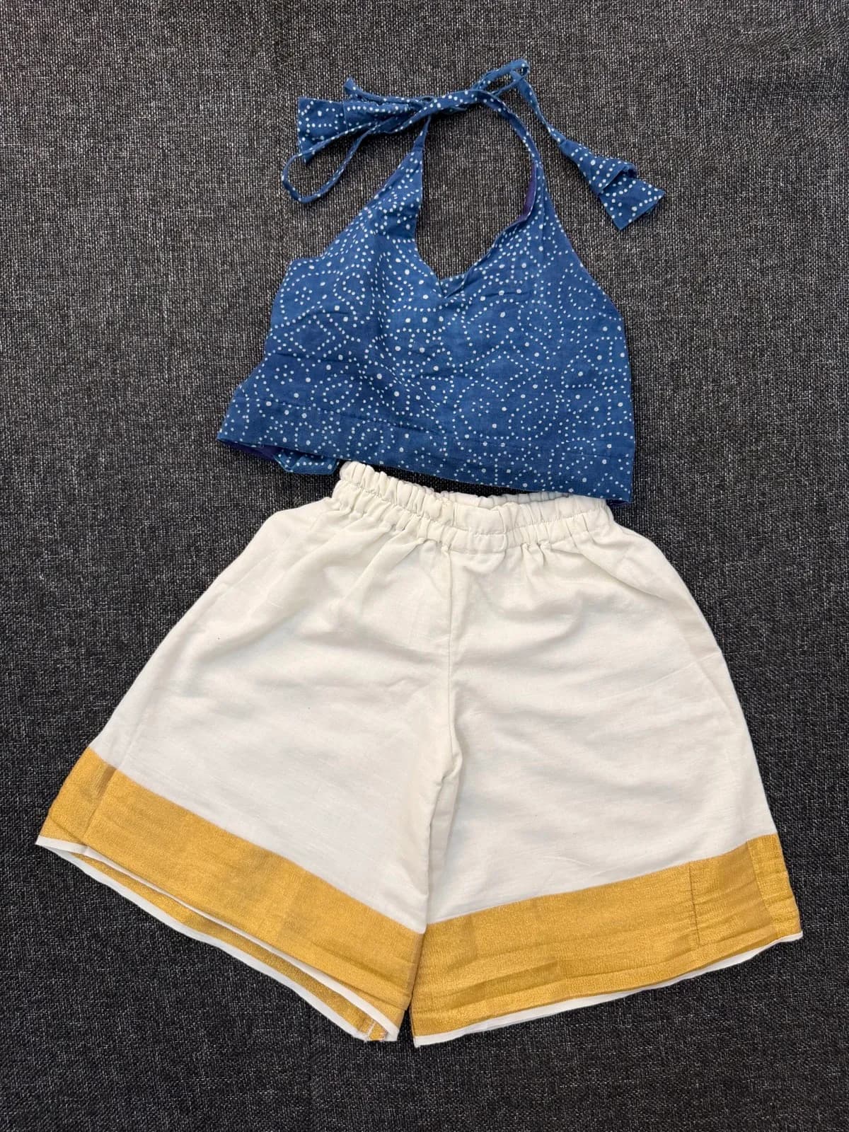 Blue Bandhani Halter Top + Kasavu Palazo Set