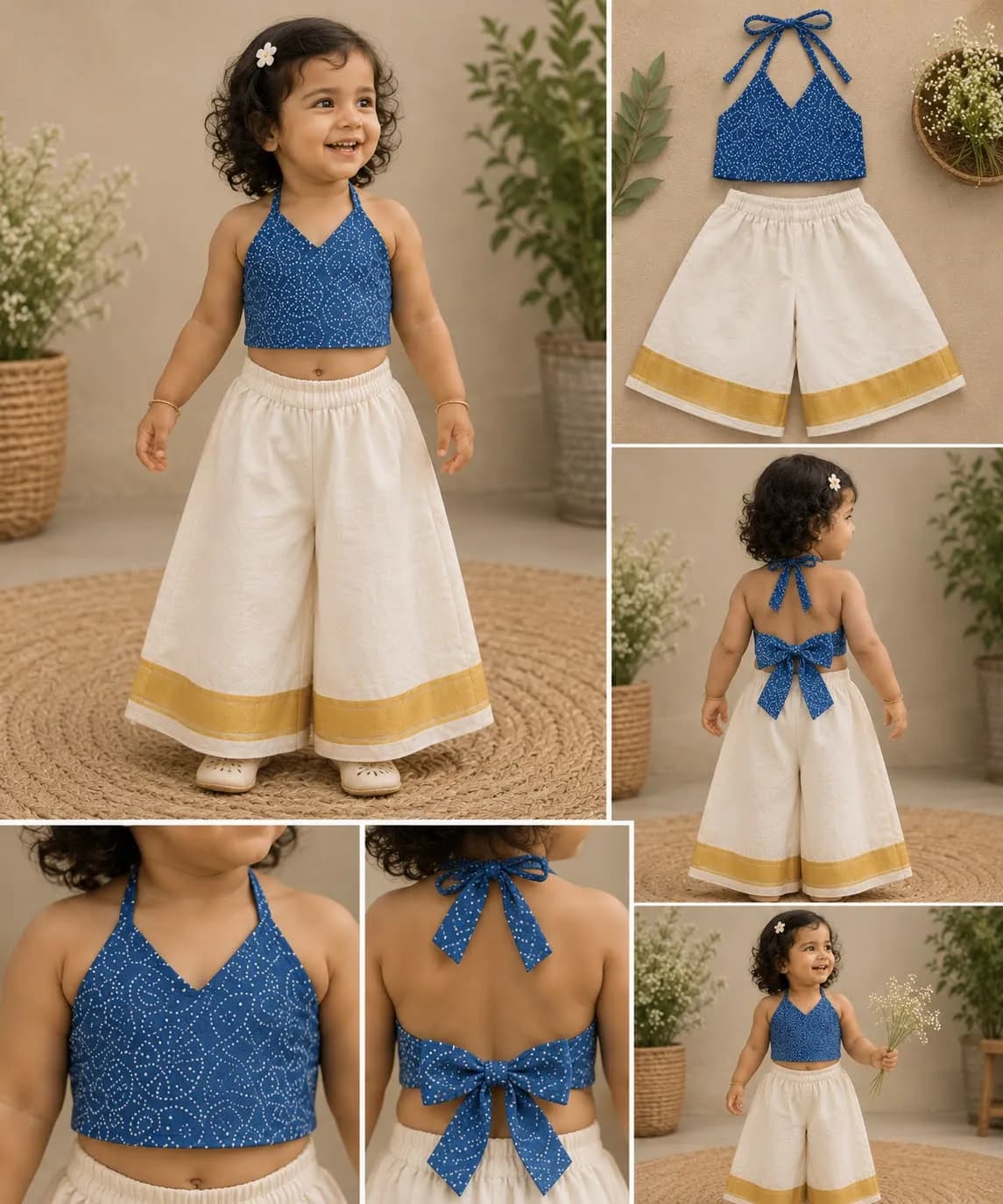 Style inspiration for Blue Bandhani Halter Top + Kasavu Palazo Set