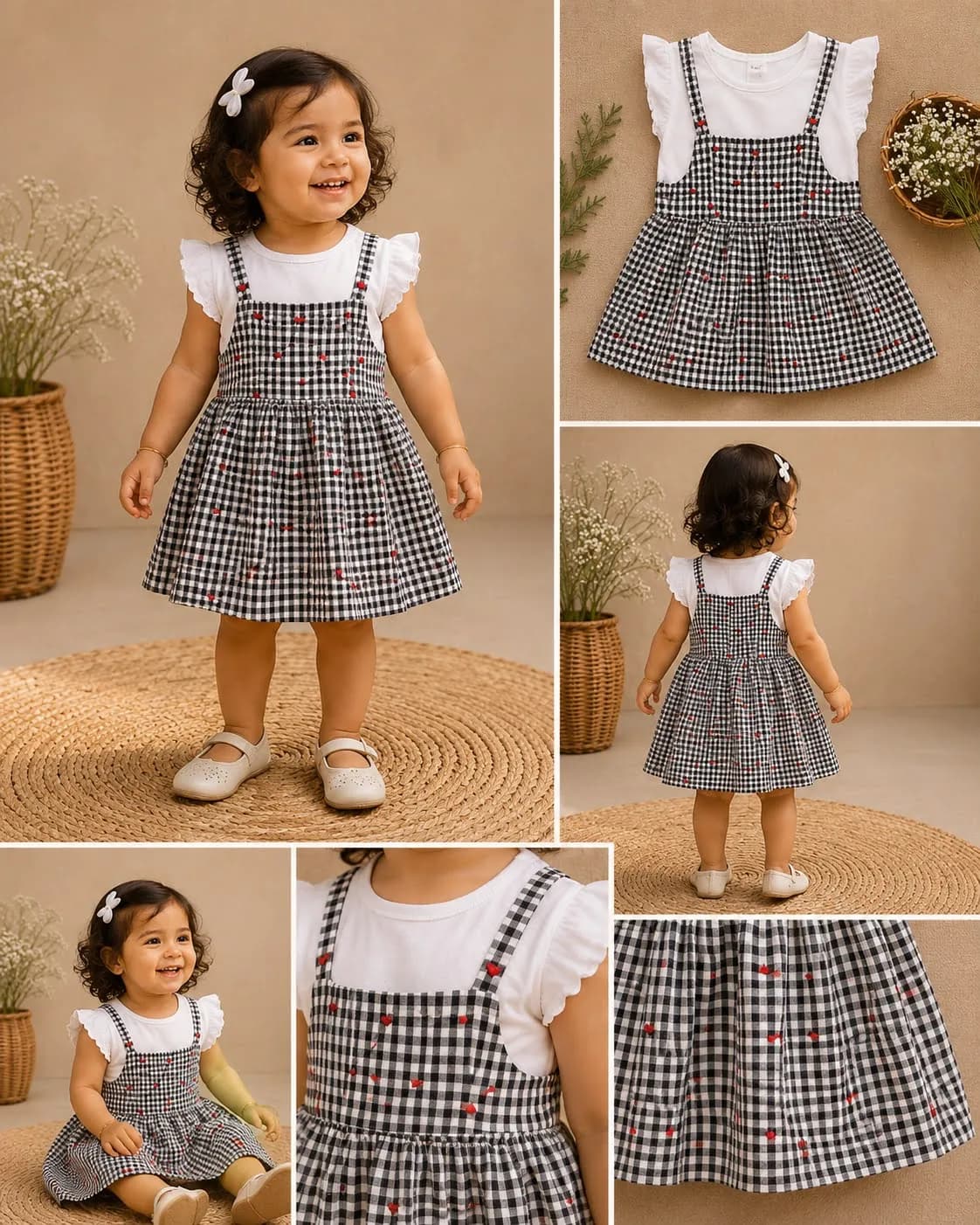 Style inspiration for Black & White Gingham Dress with Red Hearts