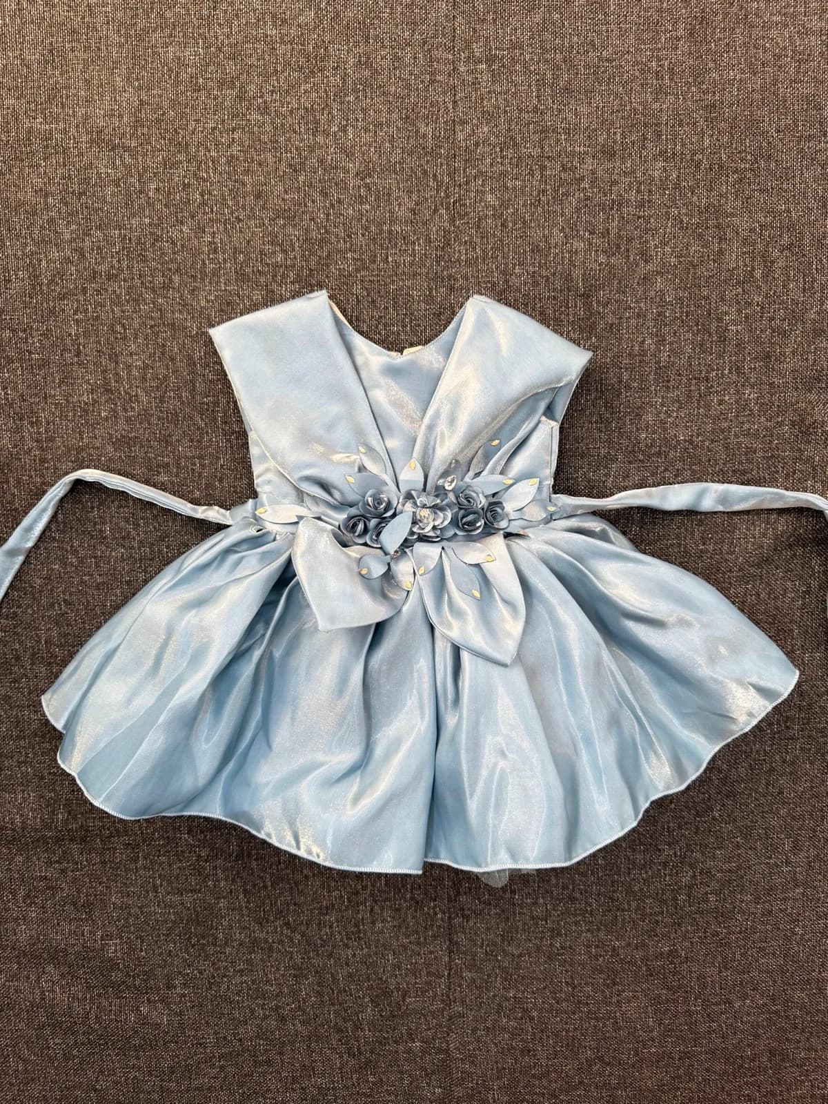 Pale Blue Satin Dress with Flower Bow
