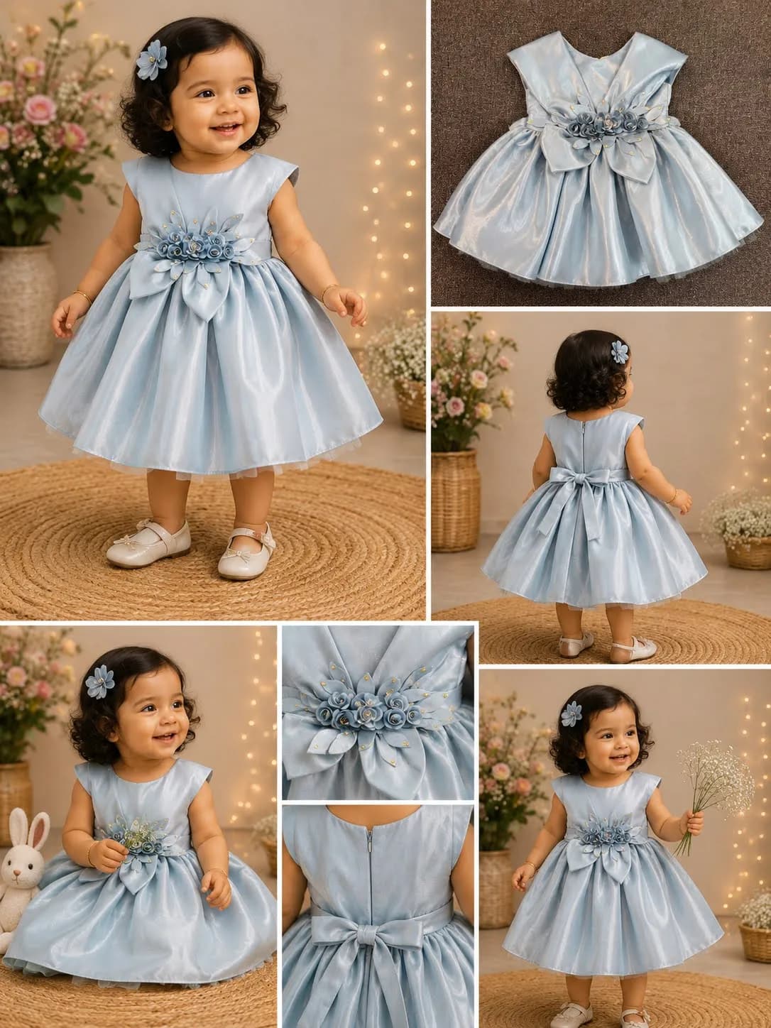 Style inspiration for Pale Blue Satin Dress with Flower Bow